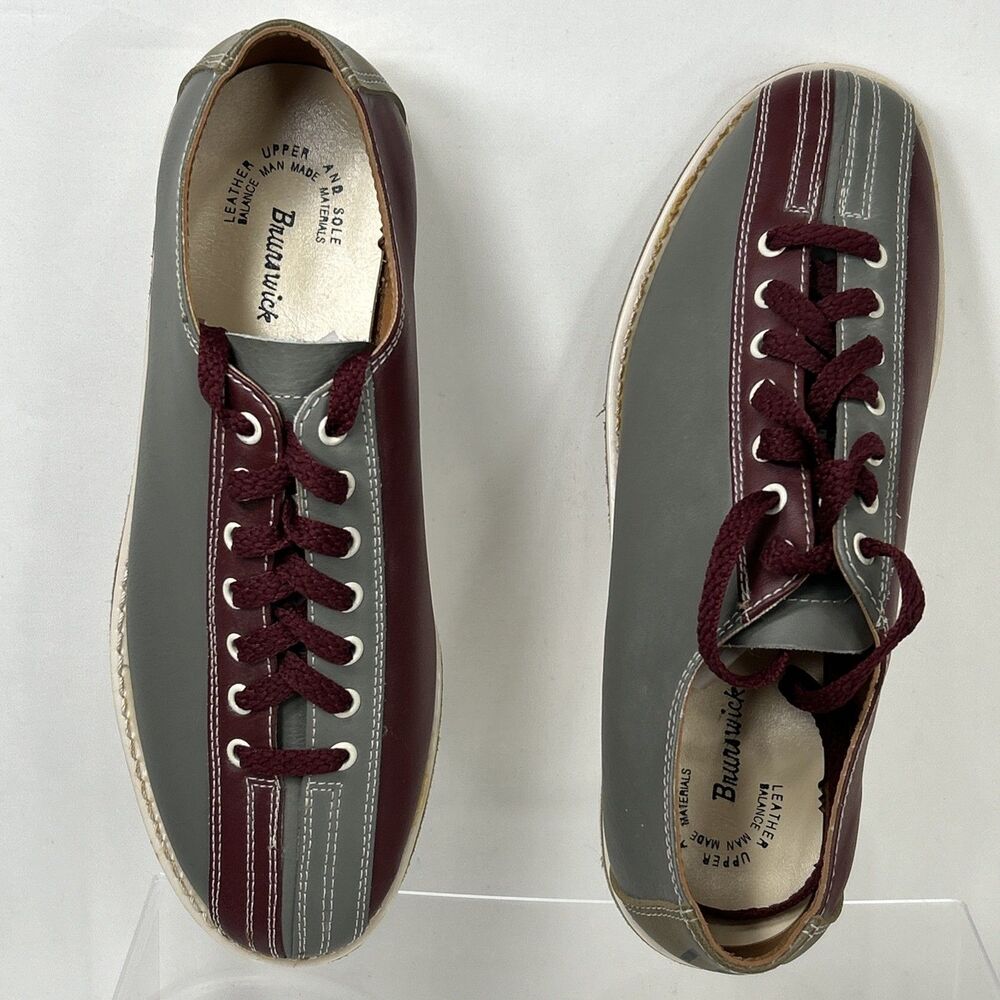 Vtg Brunswick Striker Split Toe Bowling Shoes Leather Sz 7.5 Burgundy Gray